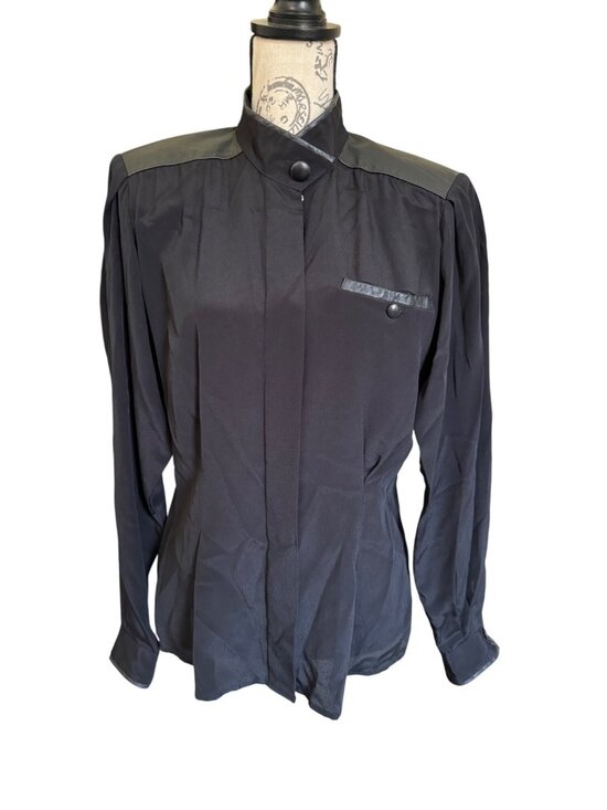 Erena Tops - Vintage Erena By Irene Koenig Black Blouse Leather Trim Peplum Size 6